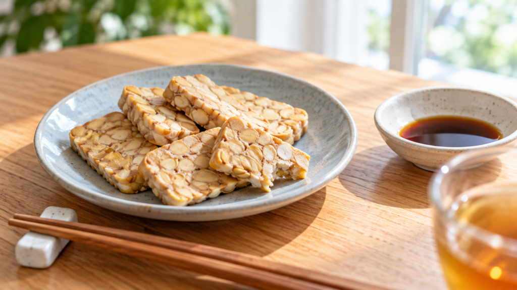 テンペを食べた我が家の感想は栗やピーナッツのような味。食卓に並べた生のまま薄切りにしたテンペとポン酢の小皿