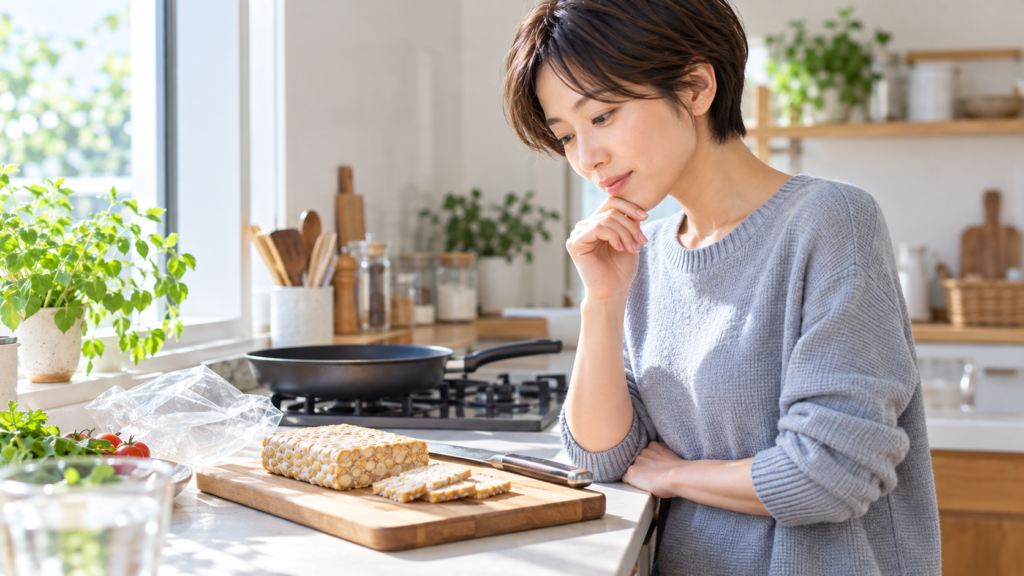 テンペがまずいと言われる理由が気になり、まな板の上の切りかけのテンペを前に調理法を迷う日本人女性
