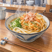ヴィーガンを時々休む外食。うどん店のカウンターに、野菜のかき揚げとねぎを載せたうどんが置かれ、だしの湯気の上でかつお節が少し踊っている水彩イラスト