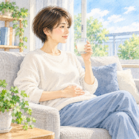 こうじ水でお腹がゆるくなる人もいる。小さめのグラスを手に、お腹にそっと手を添えてソファに座る女性の水彩イラスト