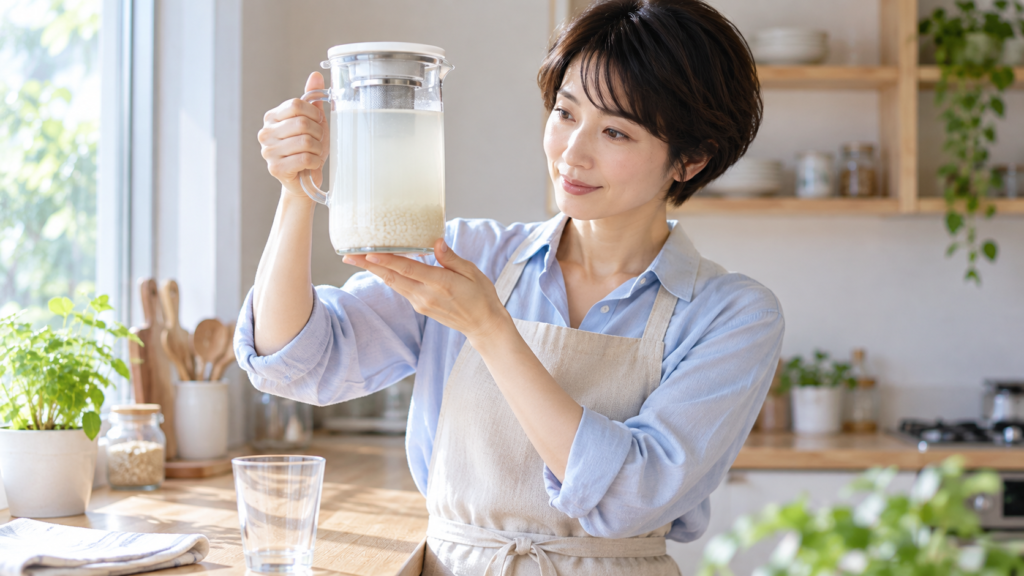 こうじ水は何日もつのか、作って日がたったこうじ水の色をピッチャーごと窓の光にかざして確かめる女性
