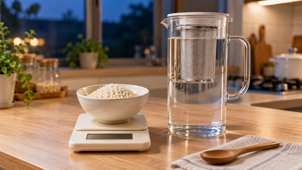 こうじ水の作り方。夜の台所で、はかりにのせた乾燥米麹と、水を入れて仕込みを待つ茶こし付きのピッチャー