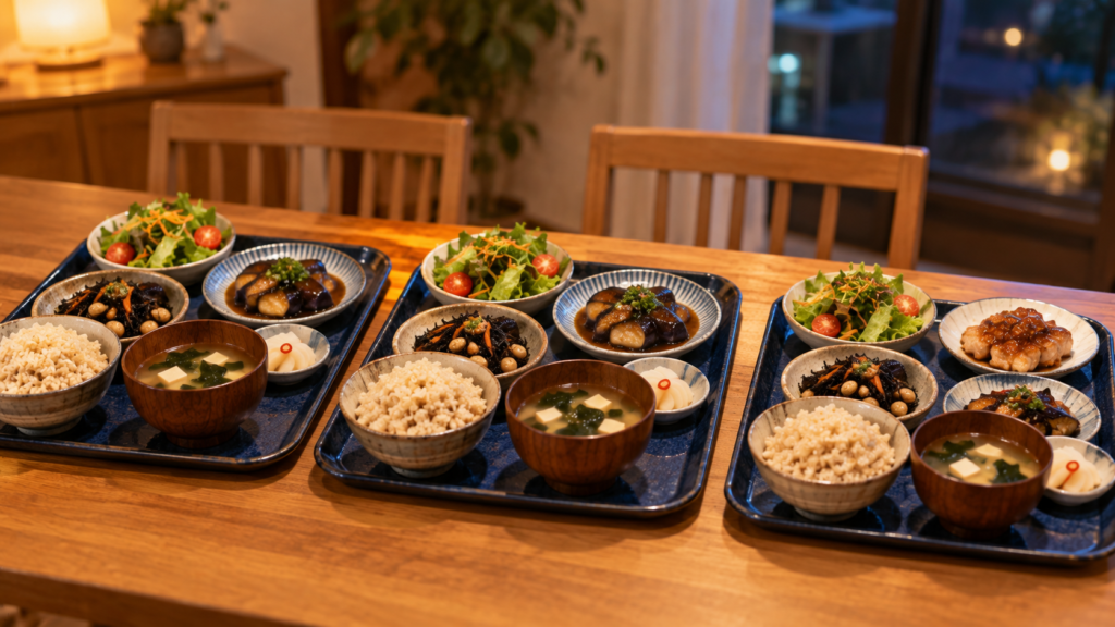 ヴィーガンと家族の食事は押しつけない。青いトレーに同じ植物性の夕食が3つ並び、子ども用の1つにだけ鶏の照り焼きを1皿足した食卓