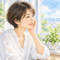 こうじ水の美肌の話も甘酒の試験がもと。明るい窓辺で、指先でほほにそっと触れる女性の水彩イラスト