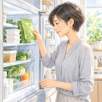 テンペのビタミンKは納豆よりずっと少ない。冷蔵庫の棚に納豆のパックを残し、テンペの袋を取り出す日本人女性の水彩イラスト