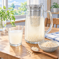 こうじ水は、夜の1杯にもなる。米麹を入れた茶こし付きのガラスのピッチャーと、白く少しにごったこうじ水のグラスが並ぶ水彩イラスト