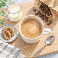 夕方は、デカフェのコーヒーに豆乳を入れる。木のボードの上の白いマグと豆乳の小さなピッチャー、コーヒー豆の袋、干しいちじくを真上から見た水彩イラスト