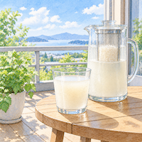 こうじ水は朝いちばんの1杯と、のどが渇いたときに飲む。明るいベランダのテーブルに置いたこうじ水のグラスとピッチャーの水彩イラスト