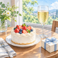 お酒を飲むのは、うれしい日だけ。明るい窓辺の小さなテーブルに、いちごのケーキと小さな贈り物、お祝いのスパークリングワインが1杯だけ置かれた水彩イラスト