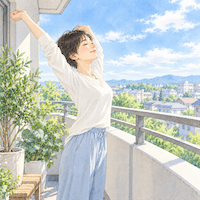 寝る前にお酒を飲まずにぐっすり眠った翌朝。明るいベランダで、すっきりした表情で大きく伸びをする日本人女性の水彩イラスト