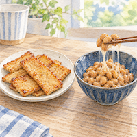焼いたテンペはホクホクして納豆とは別の食べもの。こんがり焼いたテンペの皿と、糸を引く納豆の小鉢を並べた水彩イラスト