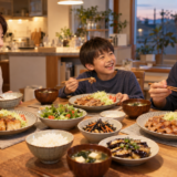 ヴィーガンと家族の食事。夕方の食卓で、女性は厚揚げの生姜焼き、夫と子どもは豚肉の生姜焼きを食べ、同じごはんと味噌汁、副菜を囲んで笑い合う日本人の家族