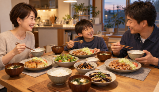 ヴィーガンと家族の食事。夕方の食卓で、女性は厚揚げの生姜焼き、夫と子どもは豚肉の生姜焼きを食べ、同じごはんと味噌汁、副菜を囲んで笑い合う日本人の家族
