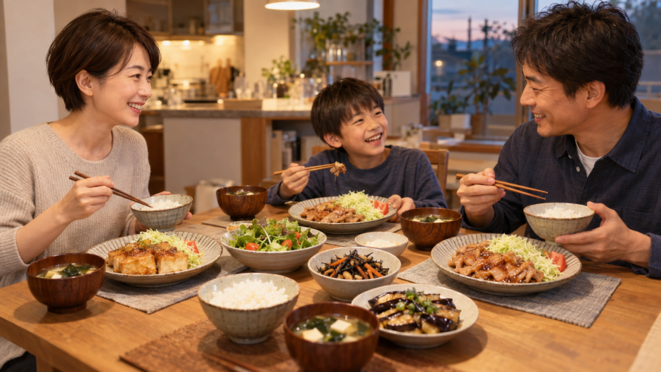 ヴィーガンと家族の食事。夕方の食卓で、女性は厚揚げの生姜焼き、夫と子どもは豚肉の生姜焼きを食べ、同じごはんと味噌汁、副菜を囲んで笑い合う日本人の家族
