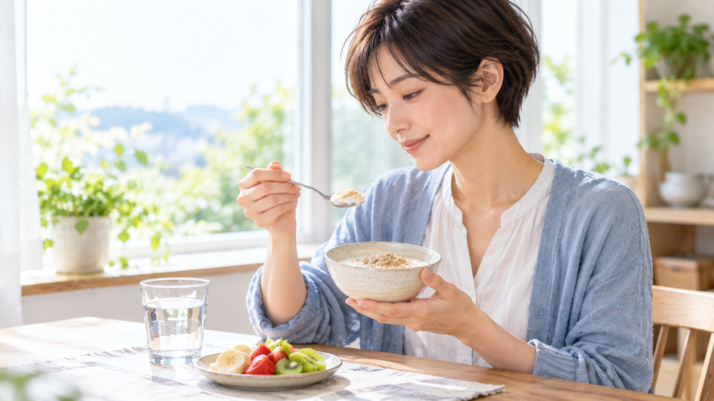 米ぬかパウダーをかけた豆乳ヨーグルトで朝食をとる女性、40代からの体を食事から整える窓辺の食卓