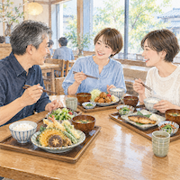 ヴィーガンと家族の食事と外食。昼の定食屋で、男性は野菜天ぷらとサラダの定食、ショートカットの女性の友人2人は唐揚げと焼き魚の定食を食べる日本人の水彩イラスト