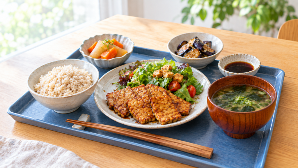 テンペはまずい?我が家は栗のような味で美味しく食べている。甘辛く焼いたテンペが主菜の青いトレーの昼ごはん
