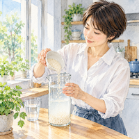 こうじ水の材料は米麹と水だけ。台所で乾燥米麹を冷たい水の入ったガラス瓶に入れる女性の水彩イラスト
