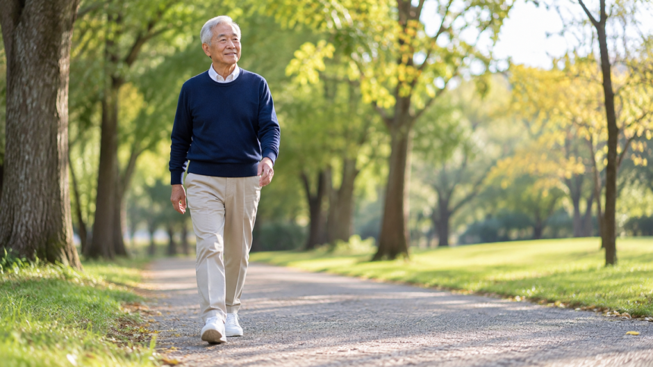 クリント・イーストウッドに学ぶ、年齢を理由にしないしなやかな生き方。朝の公園を軽い足取りで歩き、ほほえむ白髪の日本人男性