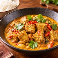 テンペをカレーに入れる。角切りのテンペがごろっと入ったカレーと、ごはんを添えた一皿